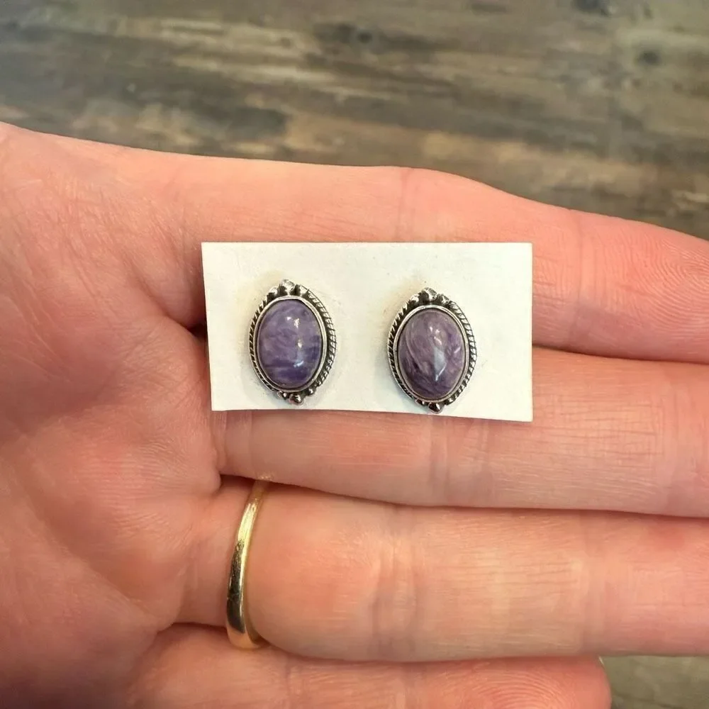Southwestern Purple Mojave Turquoise Dainty Stud Silver Earrings Handmade New